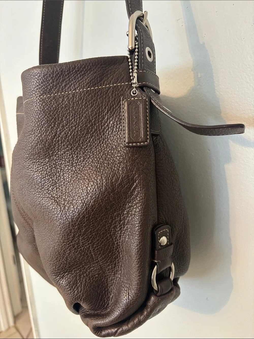 Coach Pebbled Leather Shoulder Bag in Dark Brown